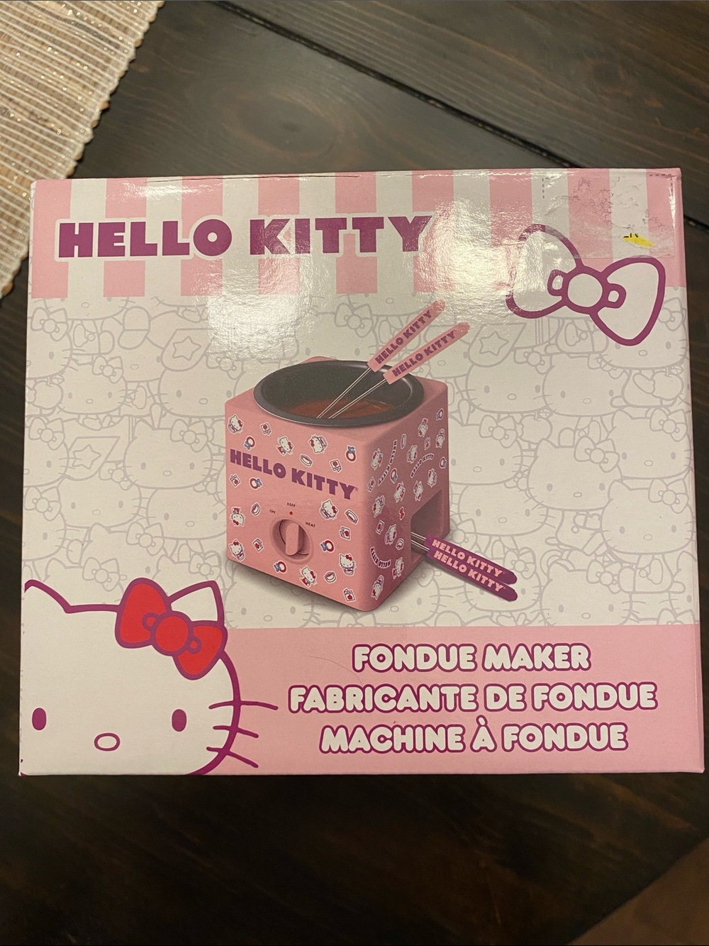 Hello Kitty NIB Pink Mini Fondue Maker with four stainless fondue forks